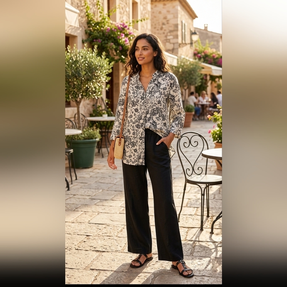 Lily Stanhope Womens Tunic Blouse Size 2X Black & Ivory Linen Paisley